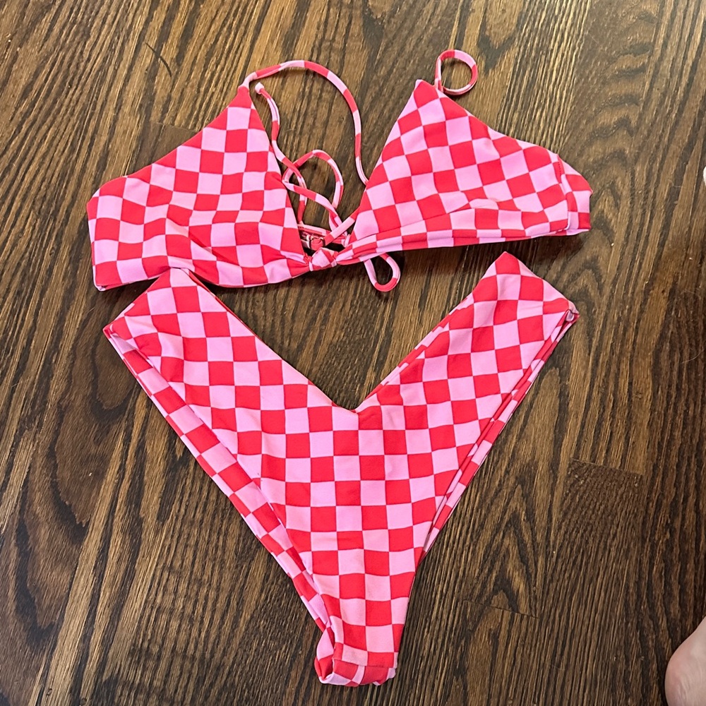 Skatie Pink and Red Checkerboard Bikini Set